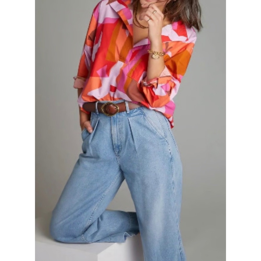 Anthropologie Maeve Breezy Popover Blouse S Cotton Long Slv Geometric Red Pink - Picture 3 of 13
